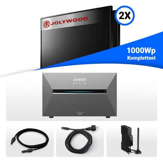 800W/1000W Balkonkraftwerk mit Speicher - 2x Jolywood 500W Full Black bifazial & Anker Solix Solarbank 3 Pro