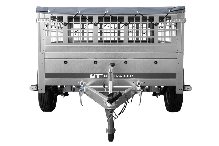 PKW-Anhänger auf Federn 200×125 UNITRAILER GARDEN 201/R KIPP mit Gitterwänden, H-0-Rahmen und grauer Plane