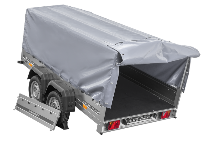 Zweiachsanhänger 264×150 UNITRAILER GARDEN 265/2 KIPP mit H-800 Rahmen und grauer Plane