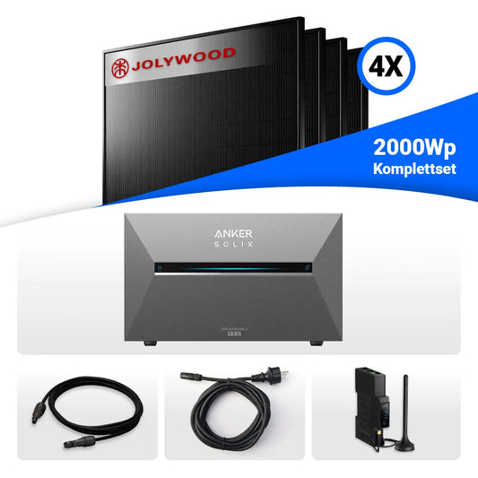 2000W Balkonkraftwerk mit Speicher - 4x Jolywood 500W Full Black bifazial & Anker Solix Solarbank 3 Pro
