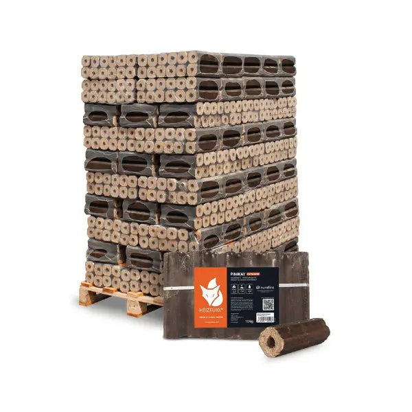 Heizfuxx PiniKay Quadro Hartholzbriketts – 960 kg Palette (96 x 10 kg) Premium Vierkant-Holzbriketts mit langer Brenndau