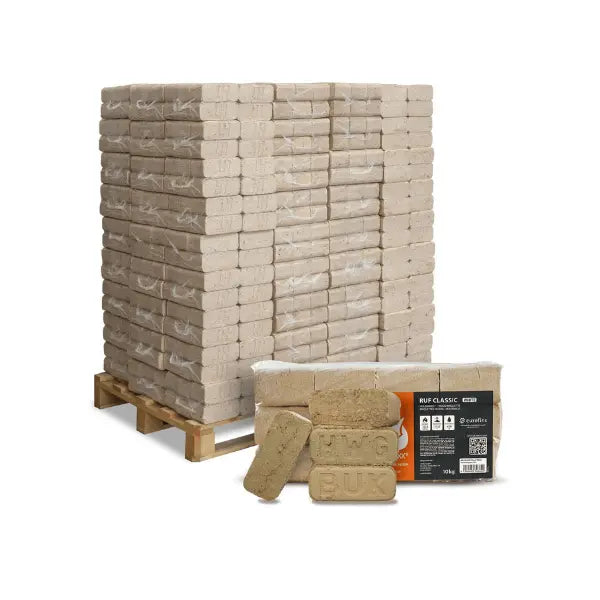 Heizfuxx RUF Classic White Hartholzbriketts – 960 kg Palette (96 x 10 kg) Premium Weißholz-Briketts mit langer Brenndaue