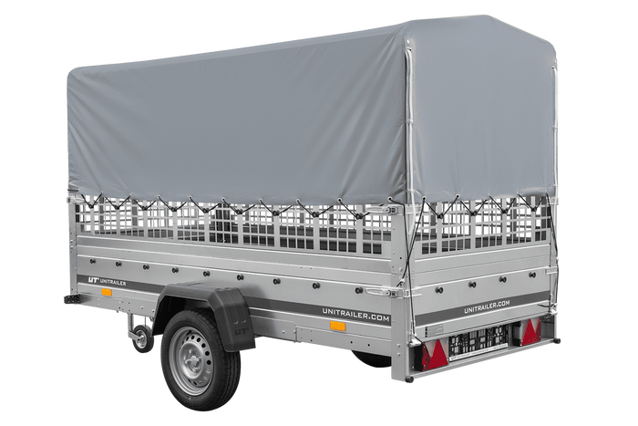 1-Achs-Anhänger GARDEN TRAILER 264 KIPP mit Laubgitteraufsatz, grauer Hochplane, Hochspriegel und Stützrad