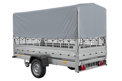 1-Achs-Anhänger GARDEN TRAILER 264 KIPP mit Laubgitteraufsatz, grauer Hochplane, Hochspriegel und Stützrad