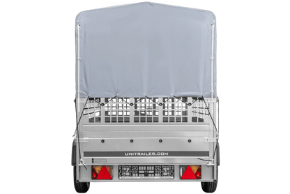 Autotransportanhänger auf Blattfedern 264×125 UNITRAILER GARDEN 264/R KIPP mit Gitterwänden, H-800 Rahmen und grauer Pla