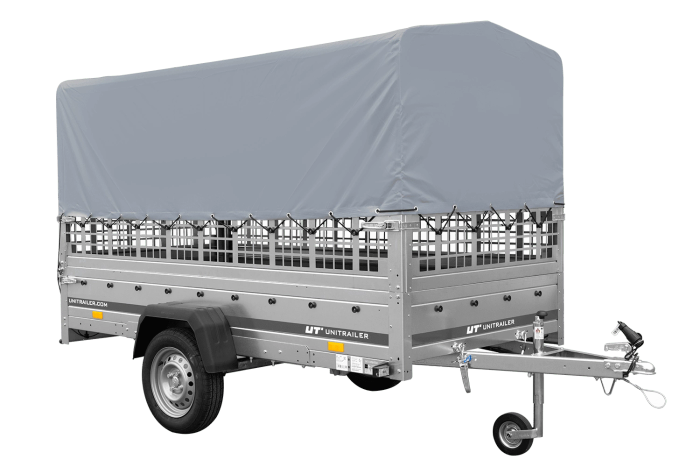 Autotransportanhänger auf Blattfedern 264×125 UNITRAILER GARDEN 264/R KIPP mit Gitterwänden, H-800 Rahmen und grauer Pla