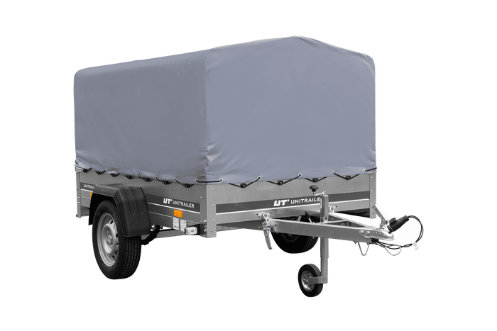 Einachsanhänger auf Blattfedern 200×125 UNITRAILER GARDEN 201/R KIPP mit H-800-Rahmen und grauer Plane