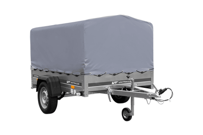 Einachsanhänger auf Blattfedern 200×125 UNITRAILER GARDEN 201/R KIPP mit H-800-Rahmen und grauer Plane