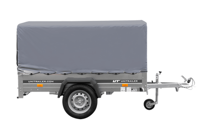 Einachsanhänger auf Blattfedern 200×125 UNITRAILER GARDEN 201/R KIPP mit H-800-Rahmen und grauer Plane
