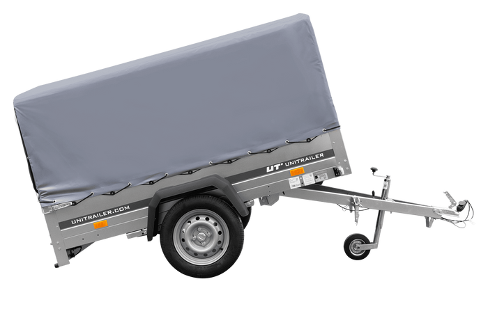 Einachsanhänger auf Blattfedern 200×125 UNITRAILER GARDEN 201/R KIPP mit H-800-Rahmen und grauer Plane