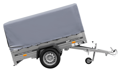 Einachsanhänger auf Blattfedern 200×125 UNITRAILER GARDEN 201/R KIPP mit H-800-Rahmen und grauer Plane