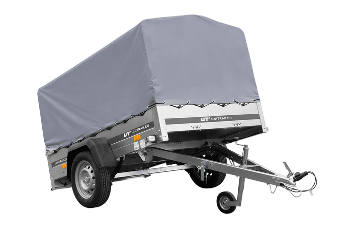 Einachsanhänger auf Blattfedern 200×125 UNITRAILER GARDEN 201/R KIPP mit H-800-Rahmen und grauer Plane