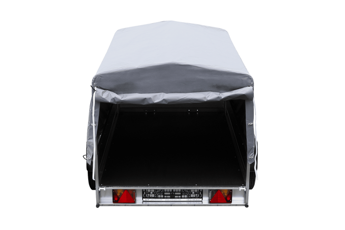 Einachsanhänger auf Blattfedern 200×125 UNITRAILER GARDEN 201/R KIPP mit H-800-Rahmen und grauer Plane