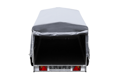 Einachsanhänger auf Blattfedern 200×125 UNITRAILER GARDEN 201/R KIPP mit H-800-Rahmen und grauer Plane