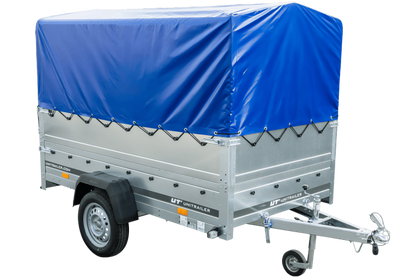 Einachsanhänger auf Blattfedern 230×125 UNITRAILER GARDEN 230/R KIPP mit BIS-Seiten, H-800-Rahmen und blauer Plane