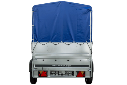Einachsanhänger auf Blattfedern 230×125 UNITRAILER GARDEN 230/R KIPP mit BIS-Seiten, H-800-Rahmen und blauer Plane