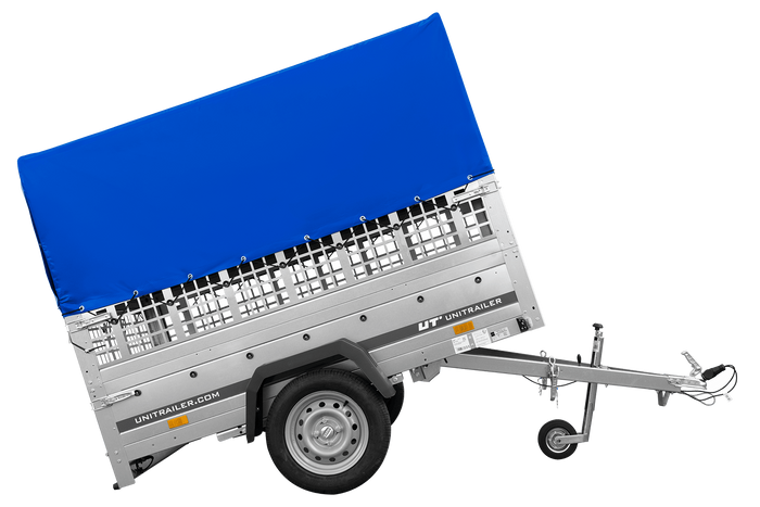 Einachsanhänger auf Federn 200×125 UNITRAILER GARDEN 201/R KIPP mit Gitterwänden, H-800-Rahmen und blauer Plane