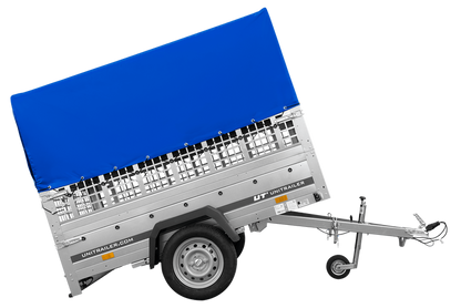 Einachsanhänger auf Federn 200×125 UNITRAILER GARDEN 201/R KIPP mit Gitterwänden, H-800-Rahmen und blauer Plane