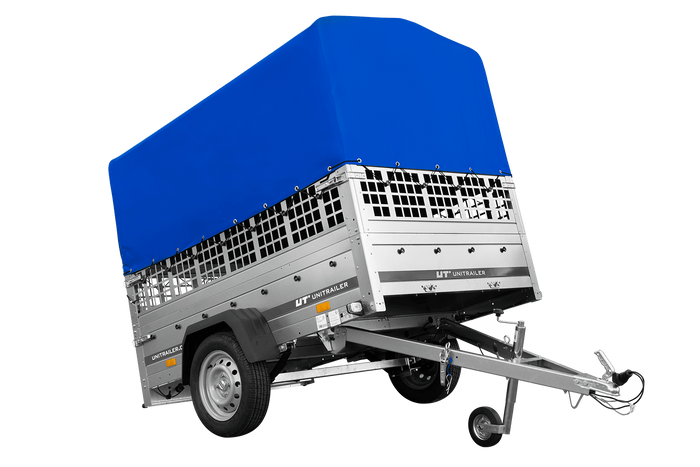 Einachsanhänger auf Federn 200×125 UNITRAILER GARDEN 201/R KIPP mit Gitterwänden, H-800-Rahmen und blauer Plane