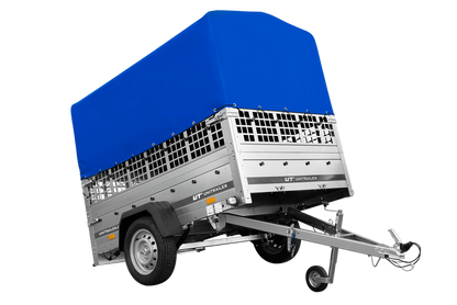 Einachsanhänger auf Federn 200×125 UNITRAILER GARDEN 201/R KIPP mit Gitterwänden, H-800-Rahmen und blauer Plane