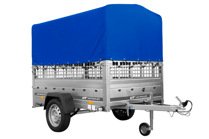 Einachsanhänger auf Federn 200×125 UNITRAILER GARDEN 201/R KIPP mit Gitterwänden, H-800-Rahmen und blauer Plane