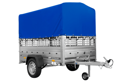 Einachsanhänger auf Federn 200×125 UNITRAILER GARDEN 201/R KIPP mit Gitterwänden, H-800-Rahmen und blauer Plane