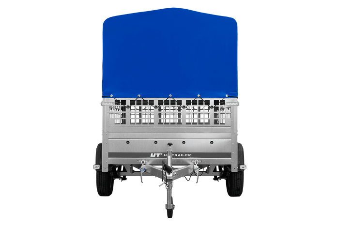 Einachsanhänger auf Federn 200×125 UNITRAILER GARDEN 201/R KIPP mit Gitterwänden, H-800-Rahmen und blauer Plane