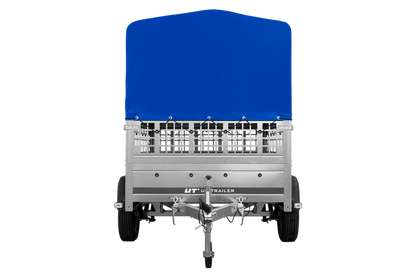 Einachsanhänger auf Federn 200×125 UNITRAILER GARDEN 201/R KIPP mit Gitterwänden, H-800-Rahmen und blauer Plane