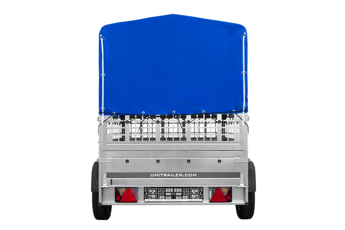 Einachsanhänger auf Federn 200×125 UNITRAILER GARDEN 201/R KIPP mit Gitterwänden, H-800-Rahmen und blauer Plane