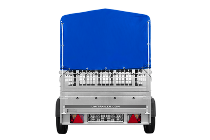 Einachsanhänger auf Federn 200×125 UNITRAILER GARDEN 201/R KIPP mit Gitterwänden, H-800-Rahmen und blauer Plane