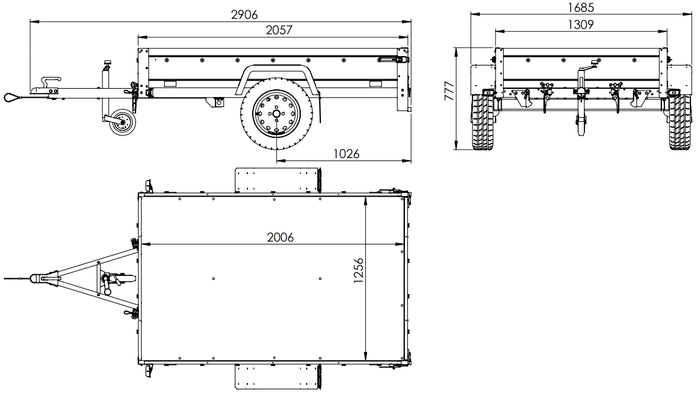 Einachsanhänger auf Federn 200×125 UNITRAILER GARDEN 201/R KIPP mit Gitterwänden, H-800-Rahmen und blauer Plane