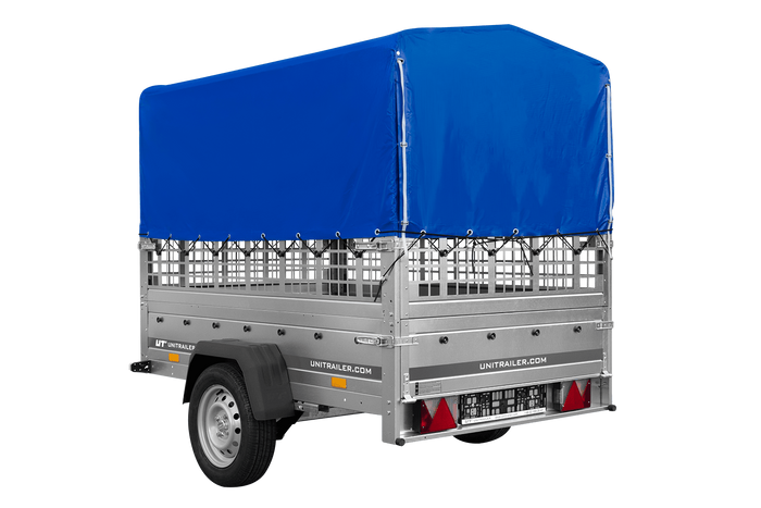 Einachsanhänger auf Federn 200×125 UNITRAILER GARDEN 201/R KIPP mit Gitterwänden, H-800-Rahmen und blauer Plane