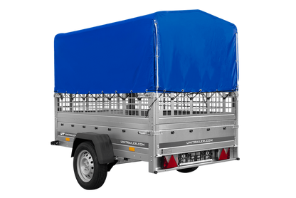 Einachsanhänger auf Federn 200×125 UNITRAILER GARDEN 201/R KIPP mit Gitterwänden, H-800-Rahmen und blauer Plane