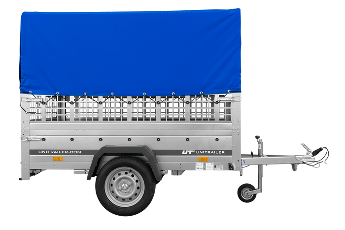 Einachsanhänger auf Federn 200×125 UNITRAILER GARDEN 201/R KIPP mit Gitterwänden, H-800-Rahmen und blauer Plane