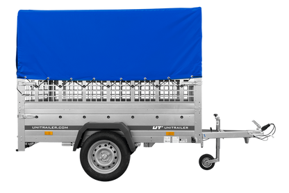 Einachsanhänger auf Federn 200×125 UNITRAILER GARDEN 201/R KIPP mit Gitterwänden, H-800-Rahmen und blauer Plane