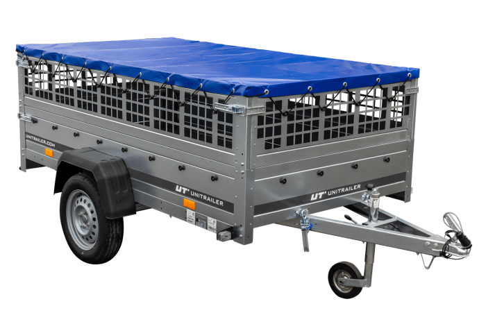 Einachsiger Anhänger auf Blattfedern 264×125 UNITRAILER GARDEN 264/R KIPP mit Gitterseitenwänden, H-0-Rahmen und blauer 