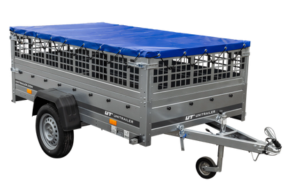 Einachsiger Anhänger auf Blattfedern 264×125 UNITRAILER GARDEN 264/R KIPP mit Gitterseitenwänden, H-0-Rahmen und blauer 