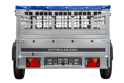 Einachsiger Anhänger auf Blattfedern 264×125 UNITRAILER GARDEN 264/R KIPP mit Gitterseitenwänden, H-0-Rahmen und blauer 