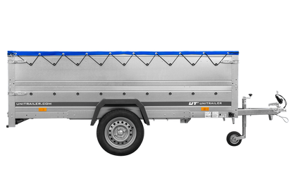 Großer Anhänger 750 kg GARDEN TRAILER 264 KIPP mit Bordwandaufsatz [zusätzliche 40 cm], Stützrad und blauer Flachplane
