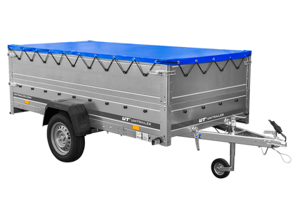 Großer Anhänger 750 kg GARDEN TRAILER 264 KIPP mit Bordwandaufsatz [zusätzliche 40 cm], Stützrad und blauer Flachplane