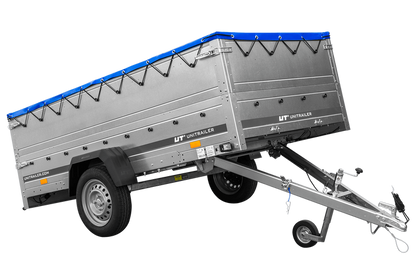 Großer Anhänger 750 kg GARDEN TRAILER 264 KIPP mit Bordwandaufsatz [zusätzliche 40 cm], Stützrad und blauer Flachplane