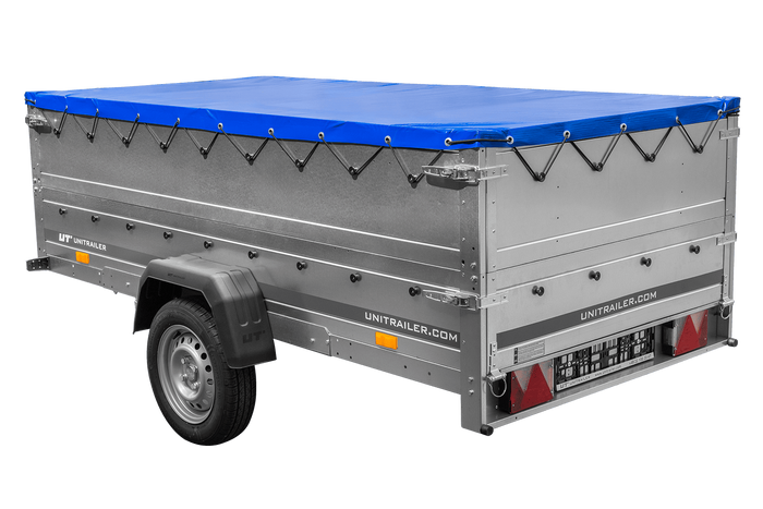 Großer Anhänger 750 kg GARDEN TRAILER 264 KIPP mit Bordwandaufsatz [zusätzliche 40 cm], Stützrad und blauer Flachplane