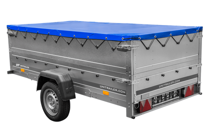 Großer Anhänger 750 kg GARDEN TRAILER 264 KIPP mit Bordwandaufsatz [zusätzliche 40 cm], Stützrad und blauer Flachplane