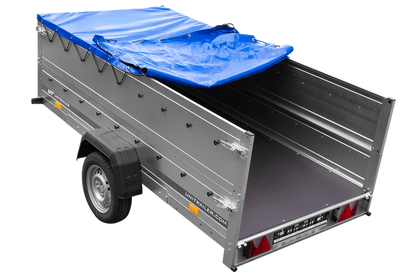 Großer Anhänger 750 kg GARDEN TRAILER 264 KIPP mit Bordwandaufsatz [zusätzliche 40 cm], Stützrad und blauer Flachplane