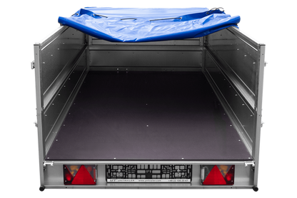Großer Anhänger 750 kg GARDEN TRAILER 264 KIPP mit Bordwandaufsatz [zusätzliche 40 cm], Stützrad und blauer Flachplane