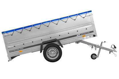 Großer Anhänger 750 kg GARDEN TRAILER 264 KIPP mit Bordwandaufsatz [zusätzliche 40 cm], Stützrad und blauer Flachplane