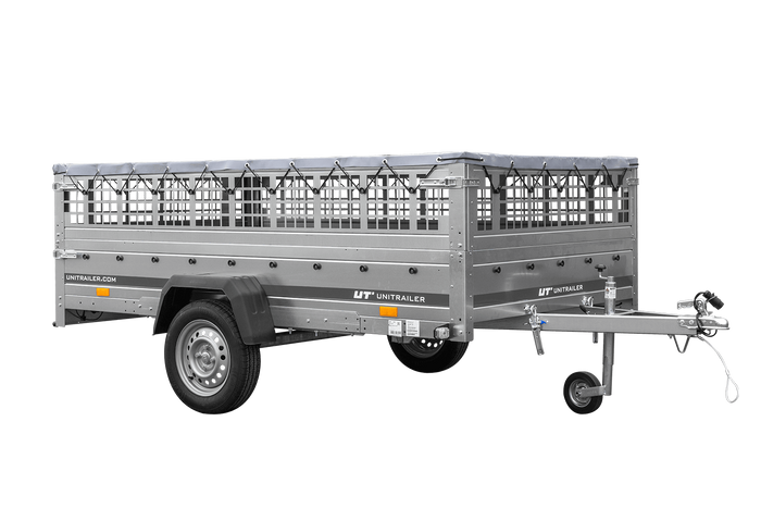 Leichter Anhänger auf Blattfedern 264×150 UNITRAILER GARDEN 265/R KIPP mit Gitterwänden, H-0 Rahmen und grauer Plane