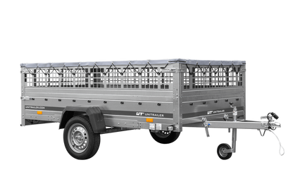 Leichter Anhänger auf Blattfedern 264×150 UNITRAILER GARDEN 265/R KIPP mit Gitterwänden, H-0 Rahmen und grauer Plane