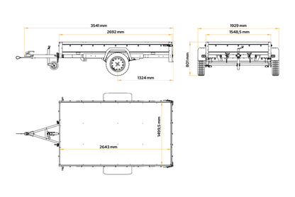 Leichter Anhänger auf Blattfedern 264×150 UNITRAILER GARDEN 265/R KIPP mit Gitterwänden, H-0 Rahmen und grauer Plane