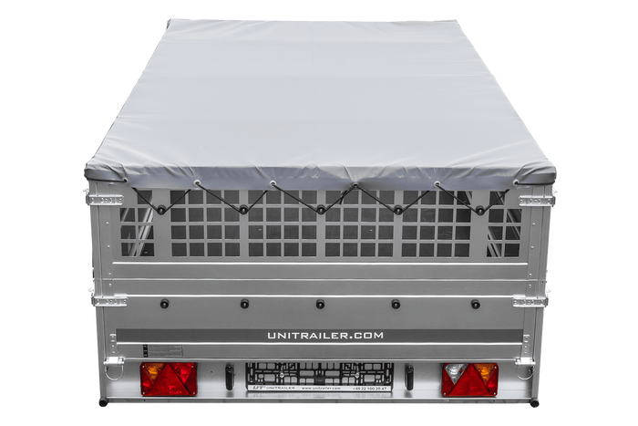 Leichter Anhänger auf Blattfedern 264×150 UNITRAILER GARDEN 265/R KIPP mit Gitterwänden, H-0 Rahmen und grauer Plane